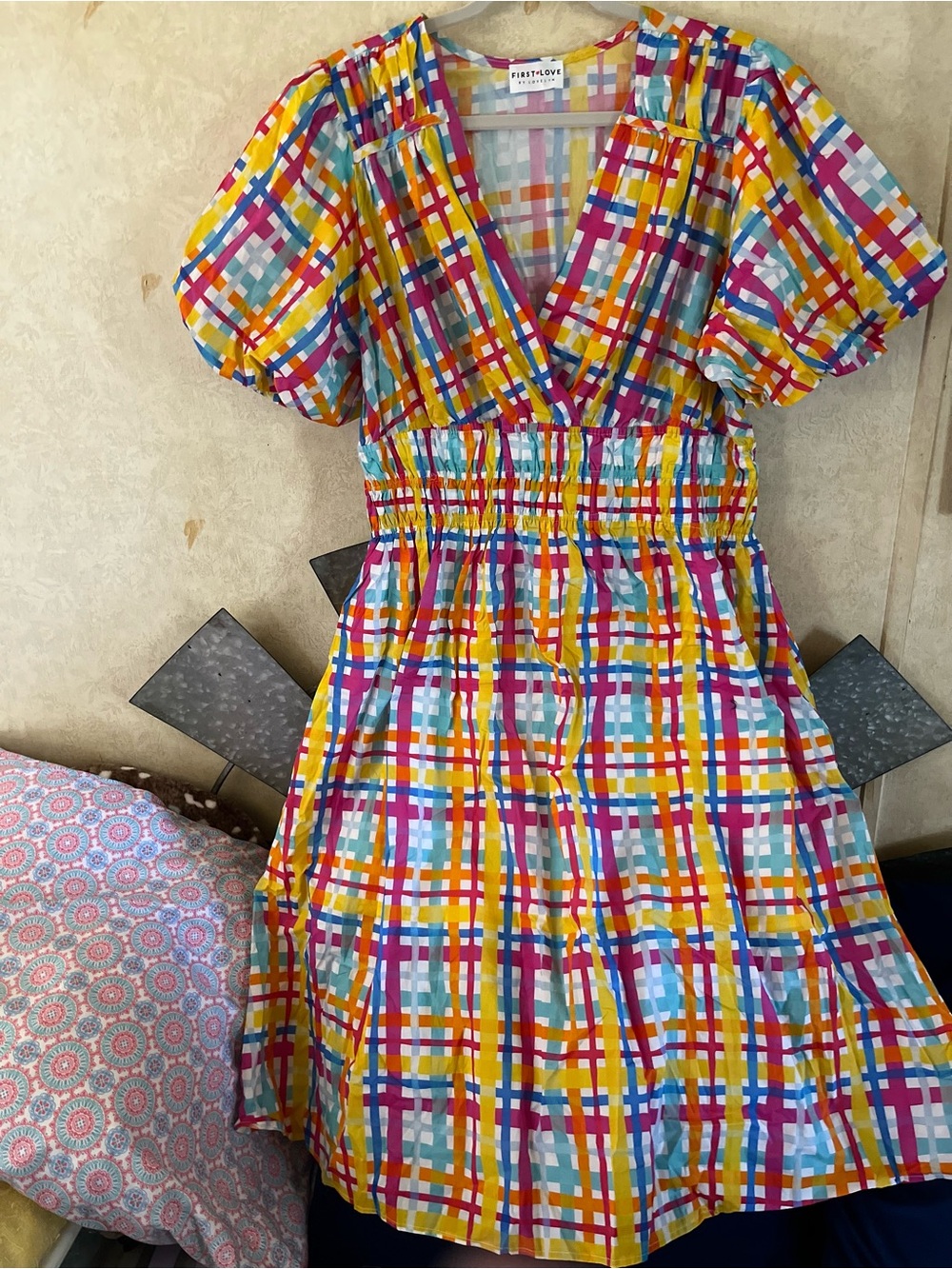 First Love Yellow Pink Blue Plaid Smocked-Waist Dress